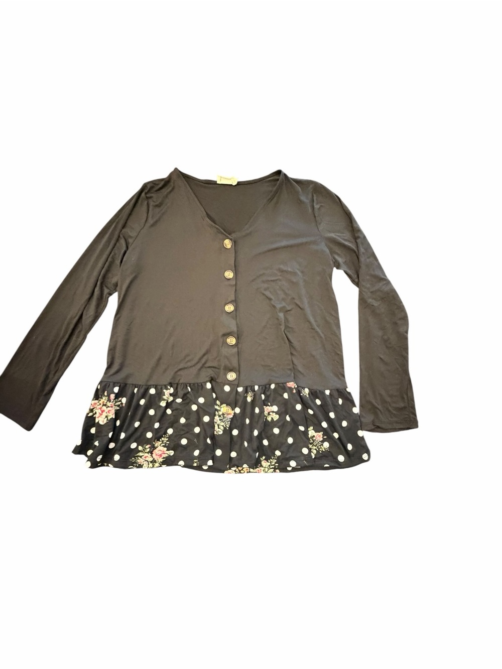 Button Down Tunic Women’s 1X Black Floral Polka Dot Hem Shabby Chic Cottagecore